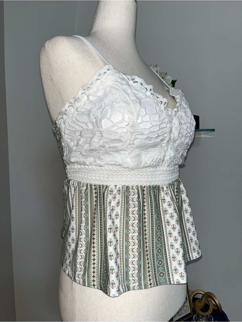 NWOT. Derek Heart Crochet Lace Smocked Peplum Cami Top | Sage | Boho Cottagecore - Picture 7 of 10